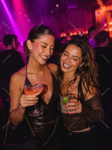 Foto de dos Mujeres Brindando en Discoteca con Cócteles Magenta JPG