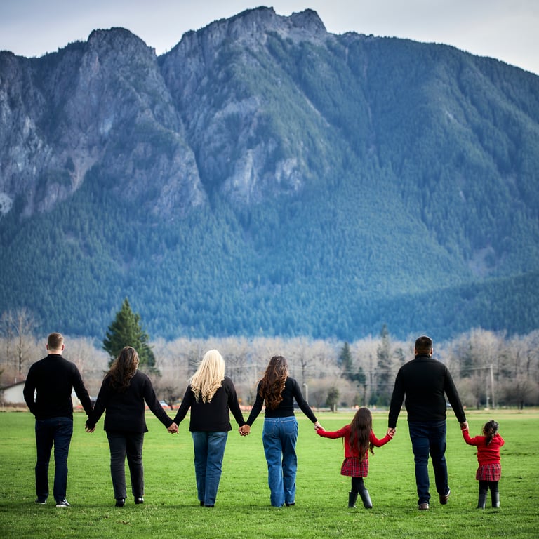 Family posed together with a warm natural outdoor backdrop