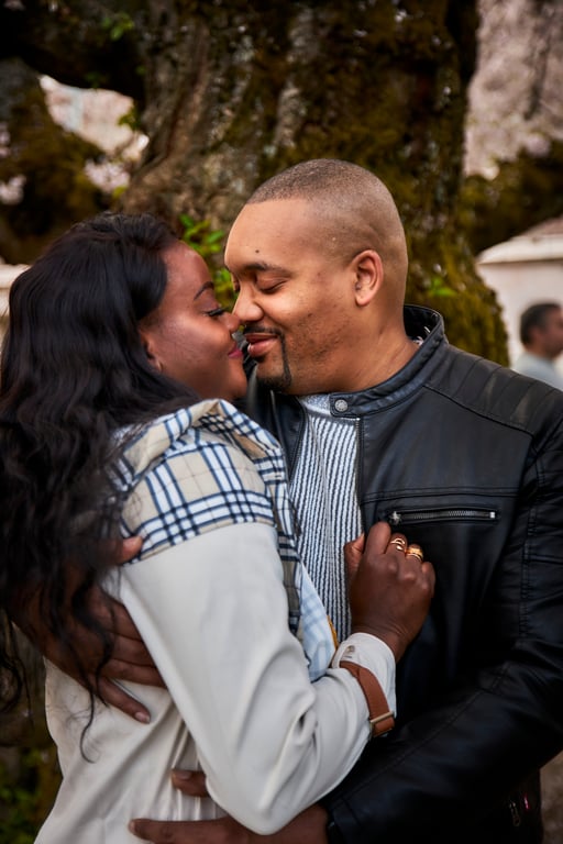 Relaxed couples moment side by side in an outdoor setting