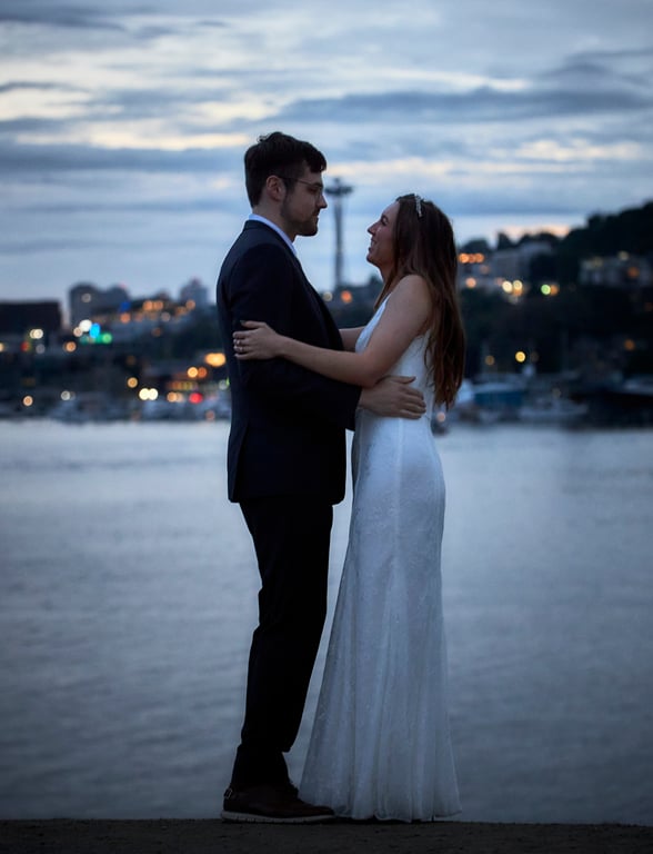 Newlyweds celebrating with guests at their wedding reception