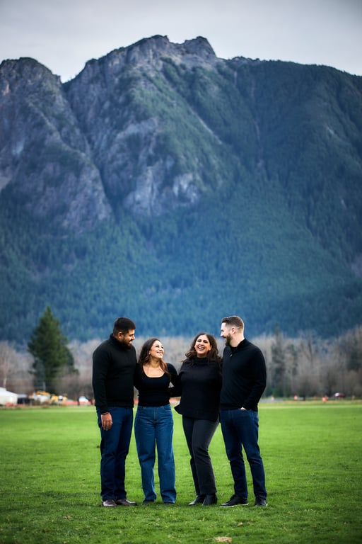 Family walking together in a peaceful outdoor Pacific Northwest setting