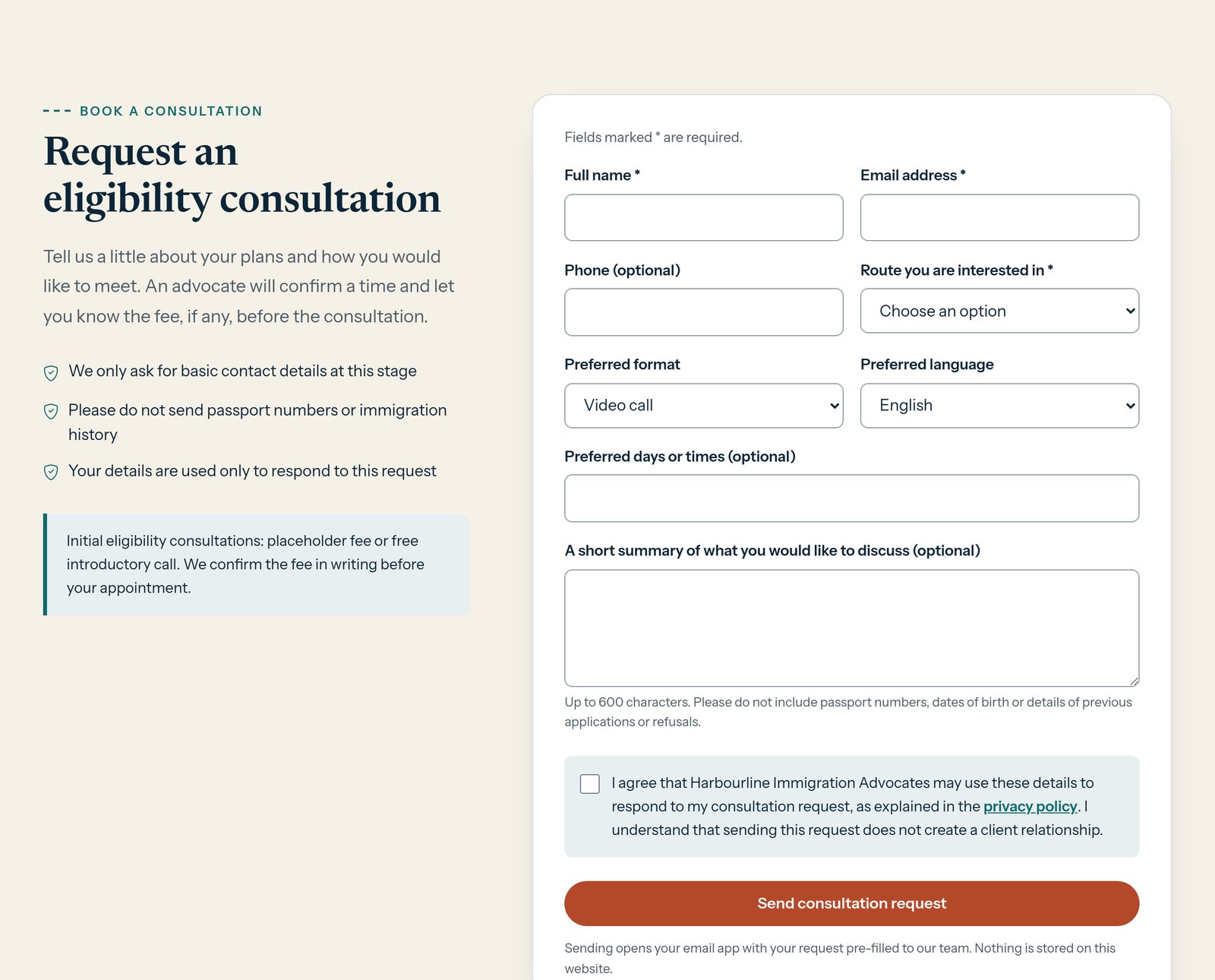 Consultation Booking Form component