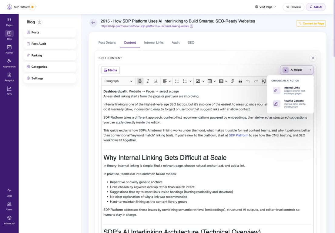 Desktop post editor with AI Helper menu open and Internal Links action visible