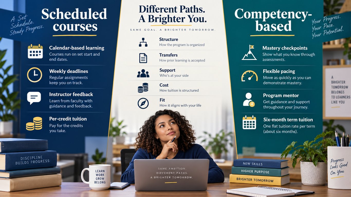 Working adult comparing SNHU-style scheduled courses with WGU competency-based learning across structure, transfers, support, cost, and fit
