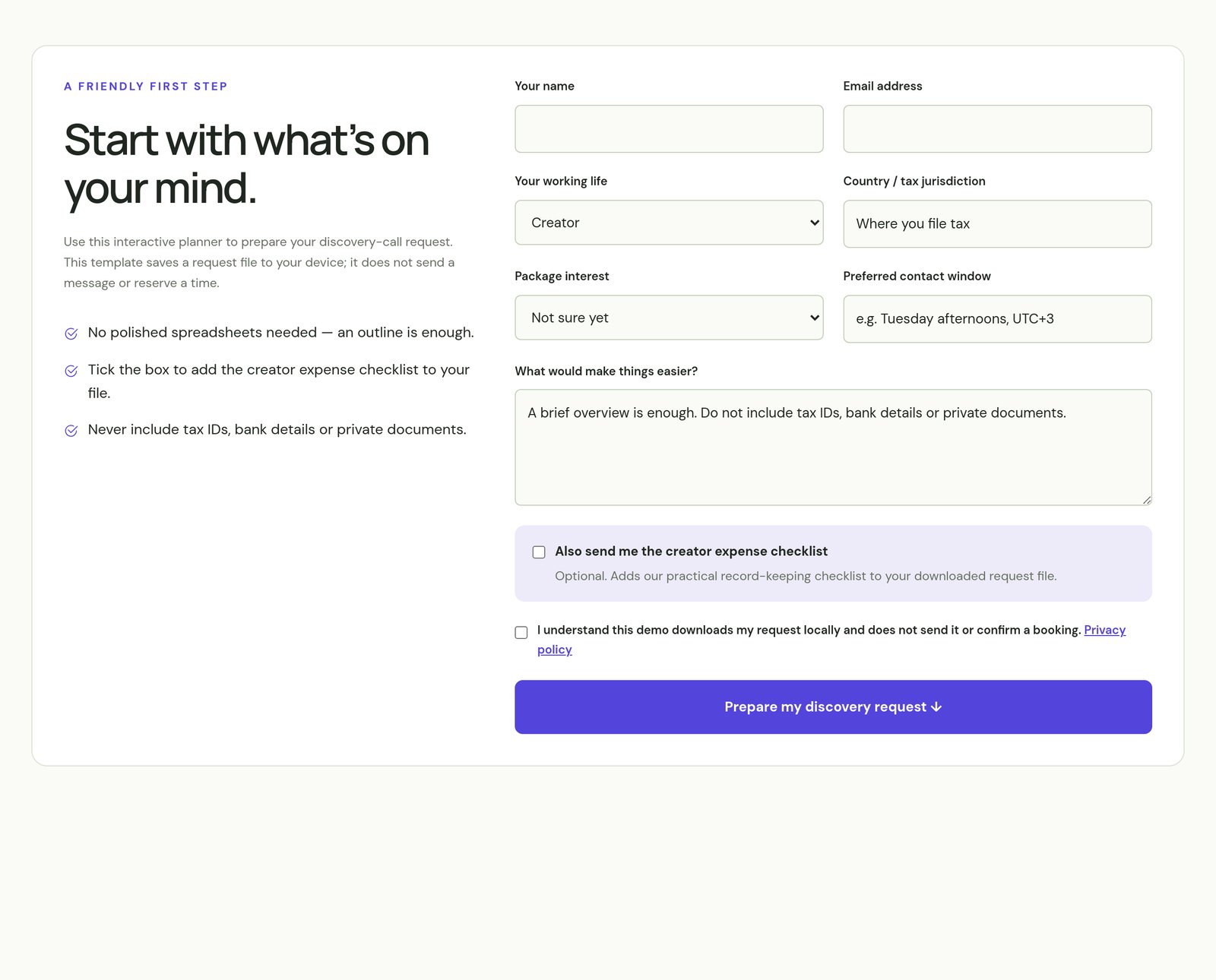 Discovery Call Request Form component