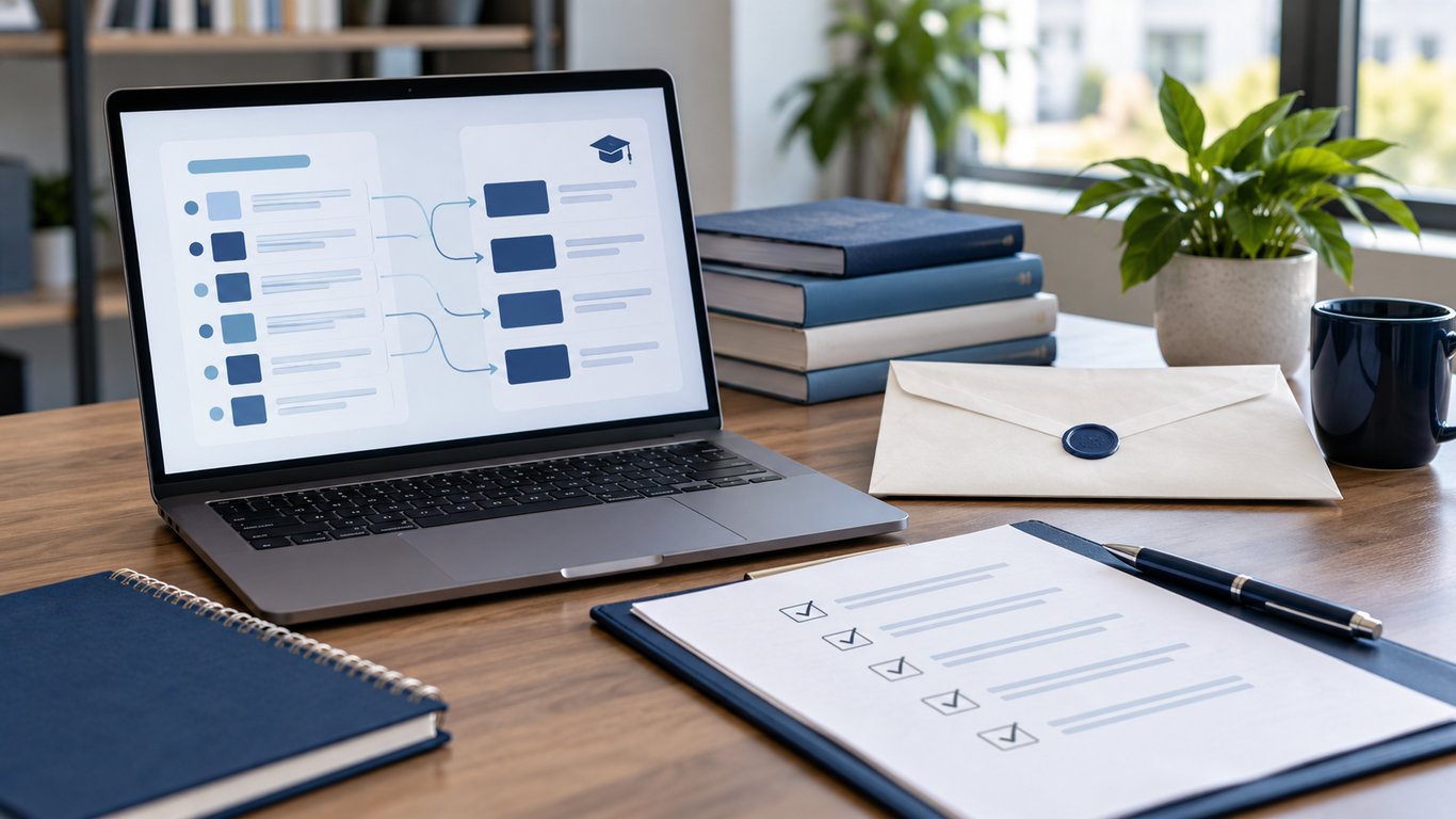 Study desk with an abstract course-matching screen, transcript envelope, and checklist