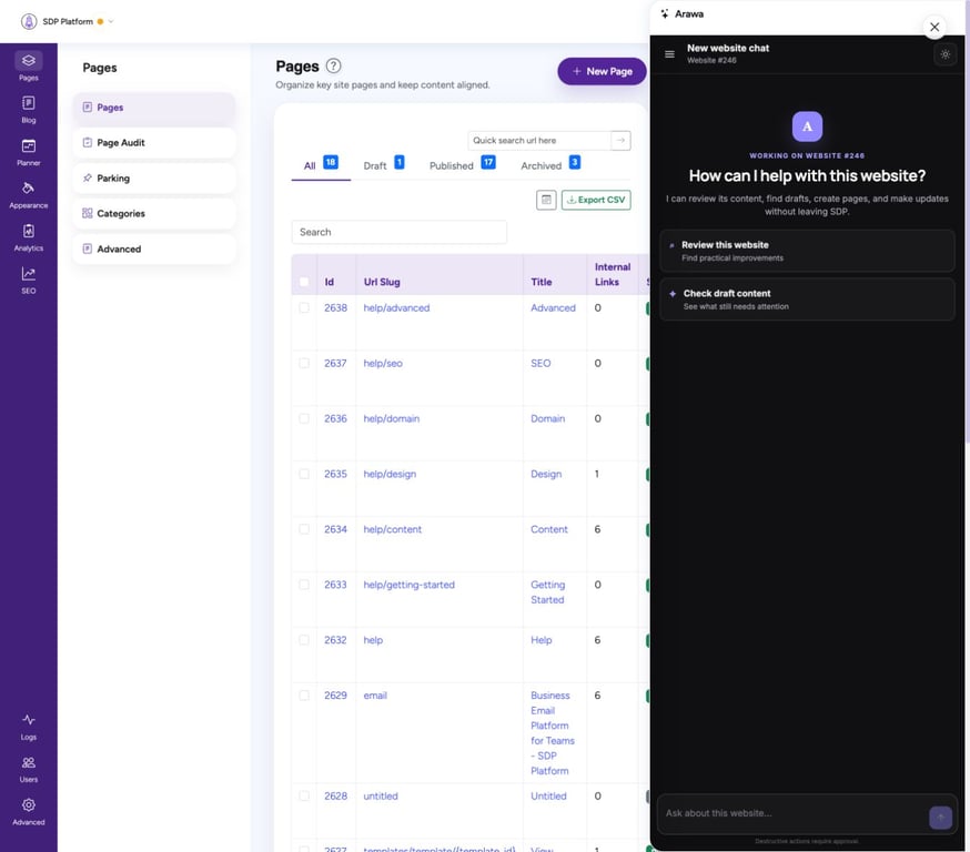 Arawa AI assistant open beside the SDP Platform pages dashboard