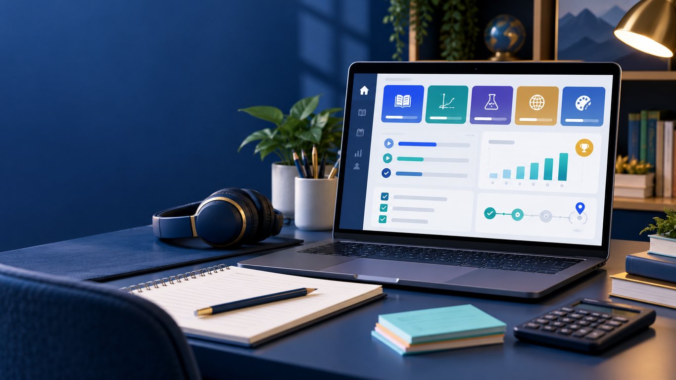 Modern online learning dashboard with course tiles, progress tracking, study notes, headphones, and calculator