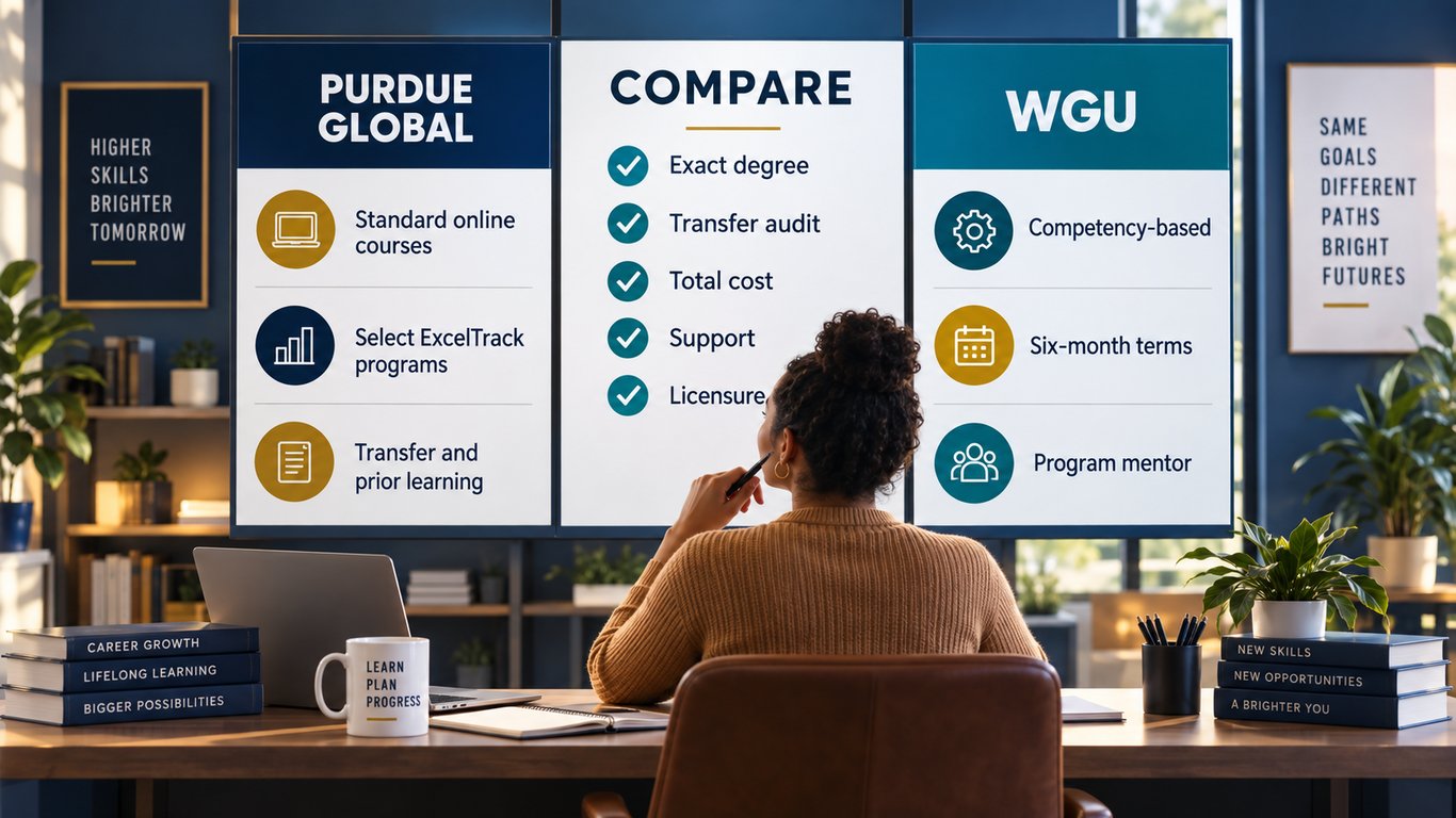 Adult learner comparing Purdue Global and WGU learning structure, cost, transfer credit, support, and licensure factors
