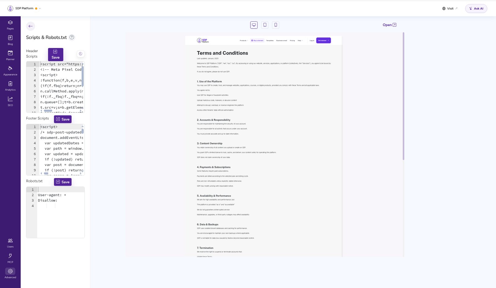 SDP website editor with the Advanced tab open on the Scripts & Robots.txt page, showing the Header Scripts, Footer Scripts and Robots.txt editors