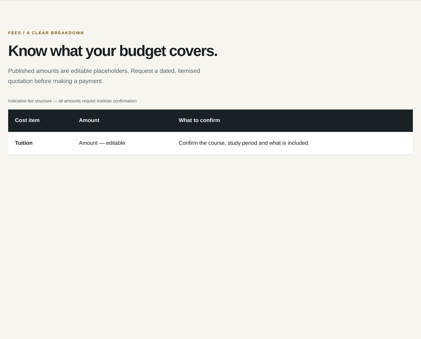 Forge Fees Table component