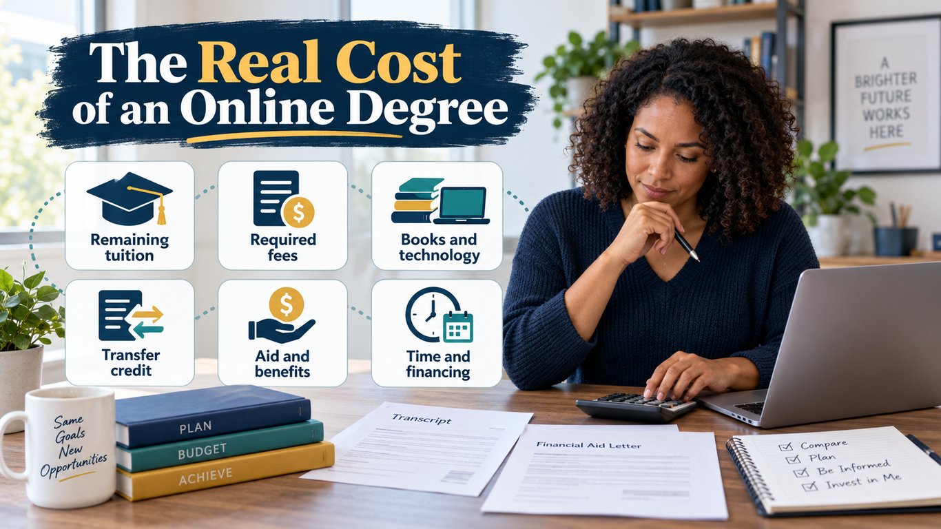 Working adult calculating online degree costs including tuition, fees, books, technology, transfer credit, aid, time, and financing