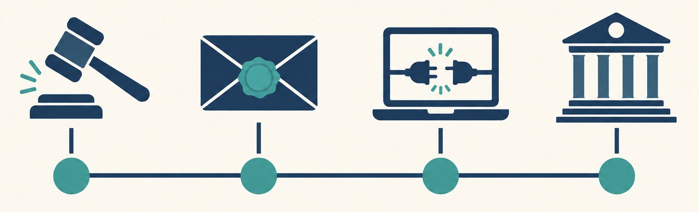 Timeline icons: gavel, sealed envelope, disconnected laptop, courthouse