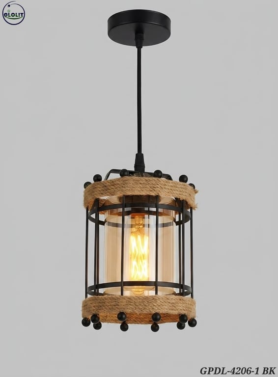GPDL-4206-1 BK Rope Cage Pendant Light