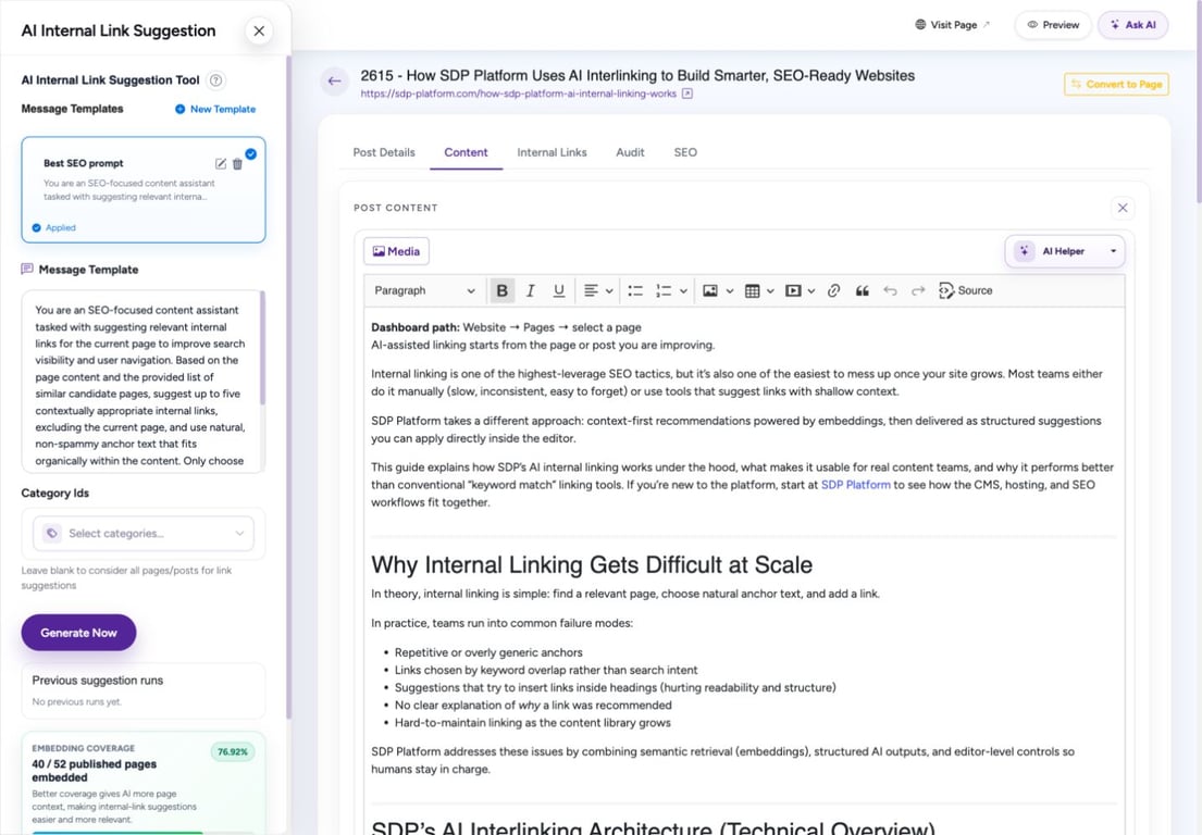 Desktop AI Internal Link Suggestion panel showing prompt template, category scope, Generate Now, and embedding coverage