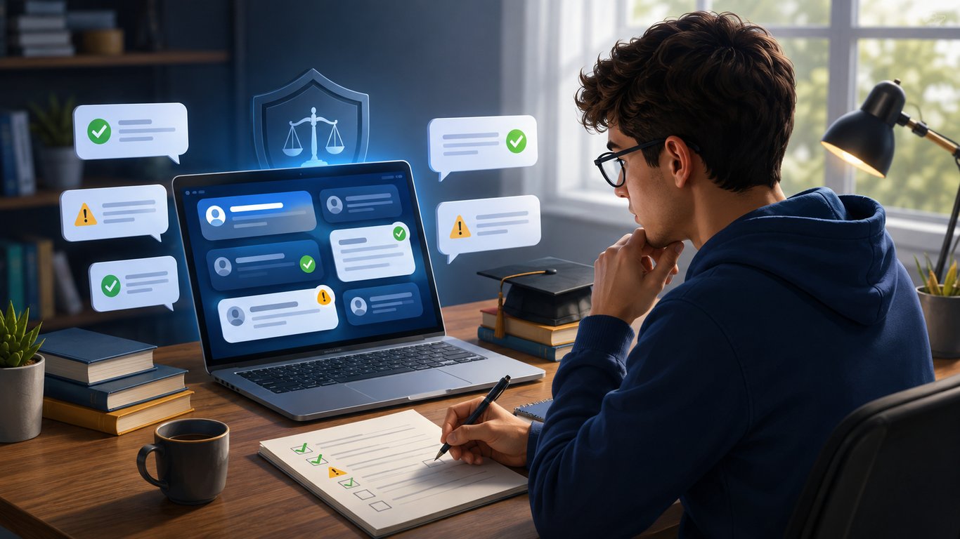 Student evaluating online assignment-help recommendations using a checklist of trust and risk signals