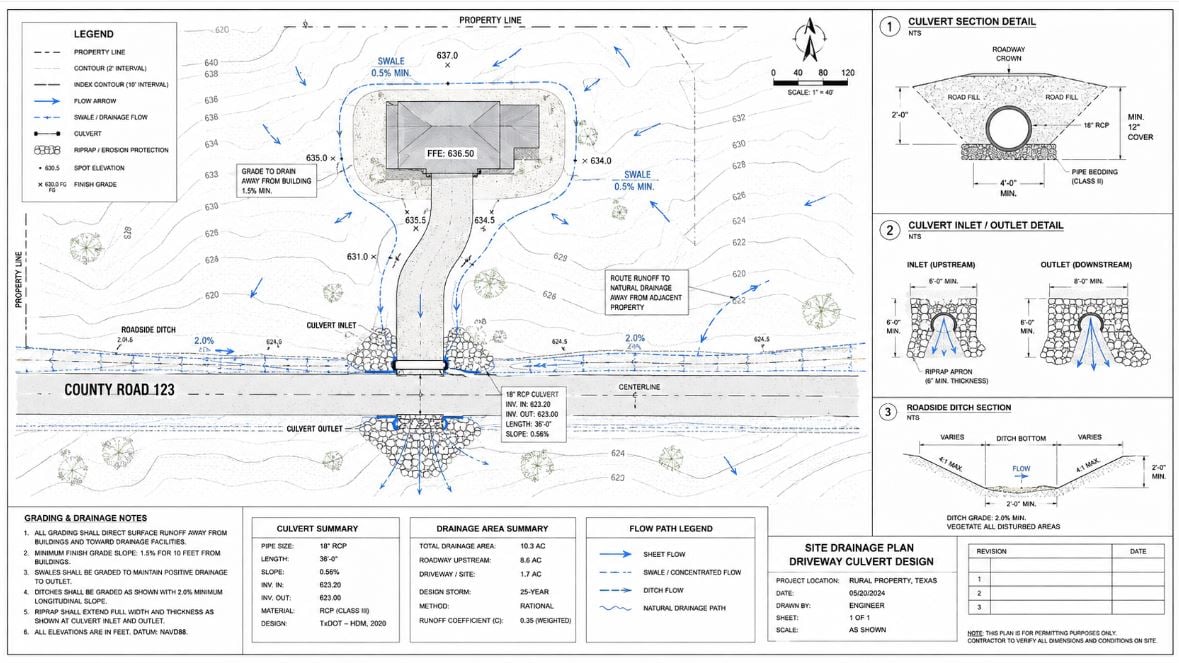 Texas Driveway Culvert And Site Drainage Design