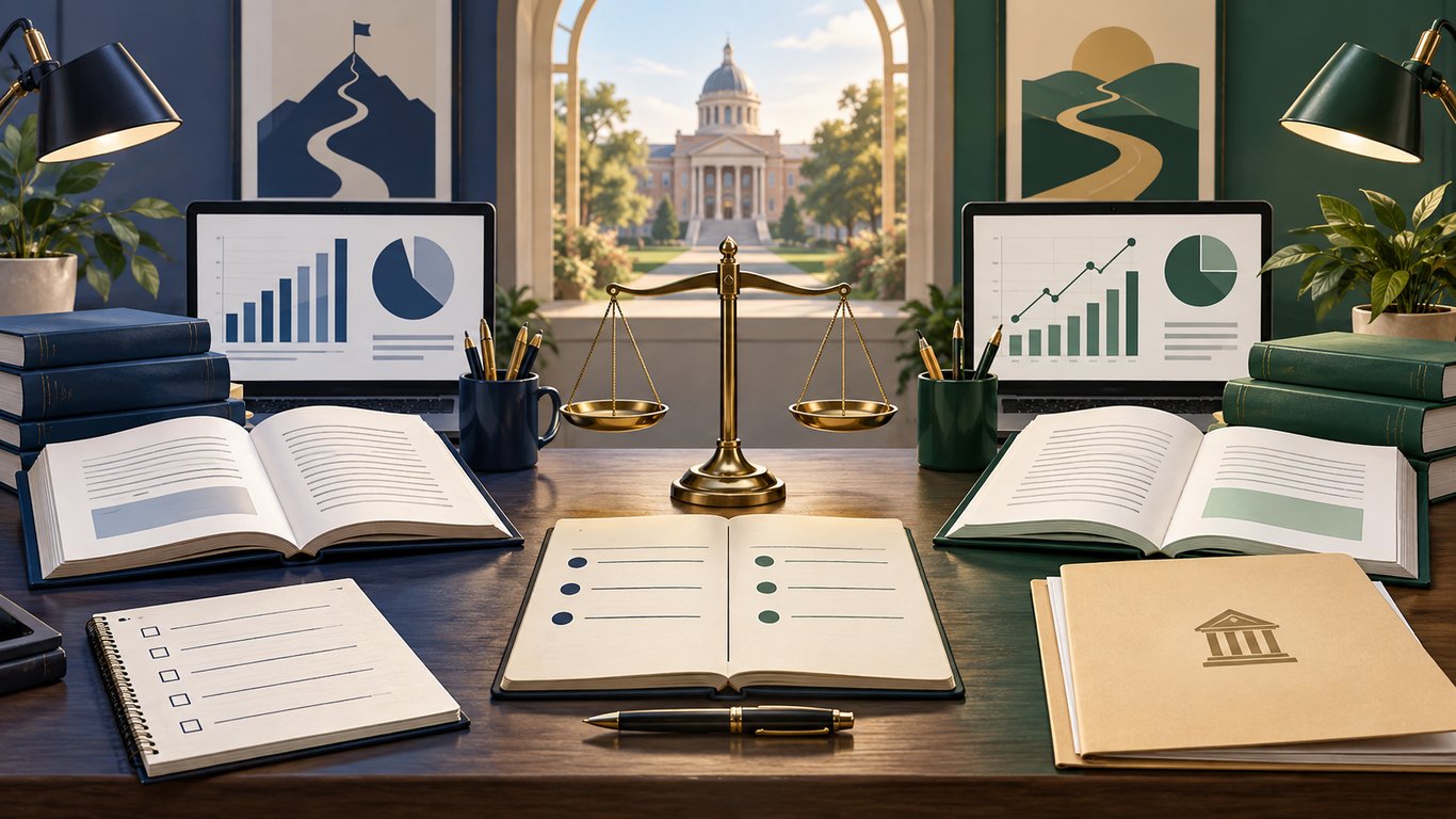 Balanced admissions test comparison workspace with a scale, charts, books, and application folder.