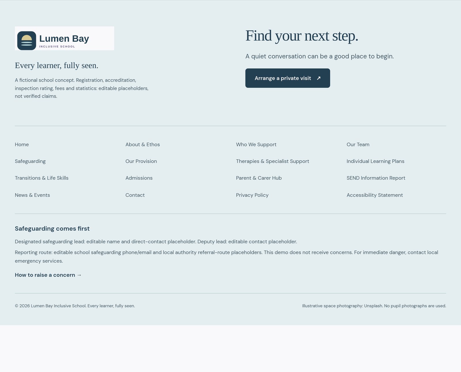 School sitemap and safeguarding footer component