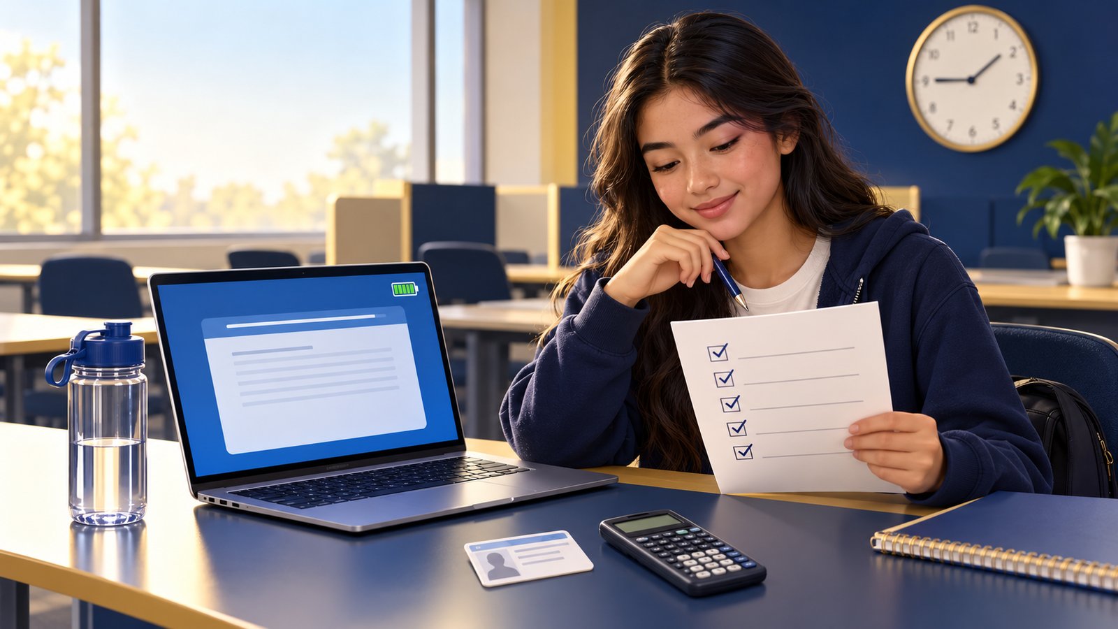 Student at a prepared desk reviewing a digital SAT test-day checklist beside a laptop, ID, calculator, and water bottle