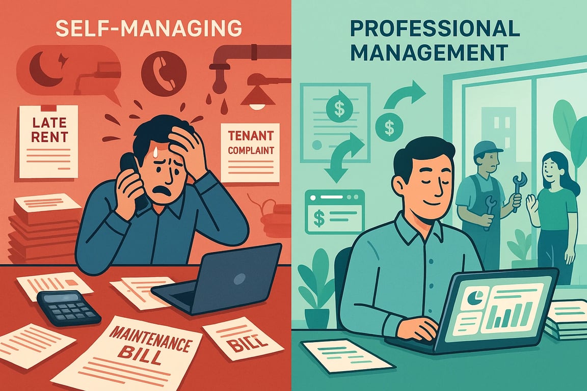 Comparison: Stressed self-managing landlord vs relaxed professional management