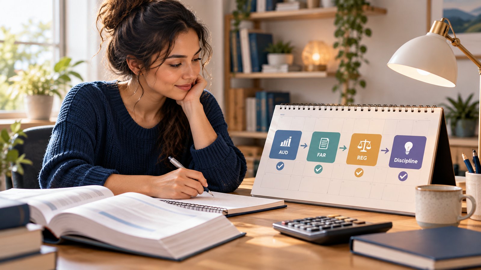 Adult CPA candidate planning AUD, FAR, REG, and a discipline section on a calendar