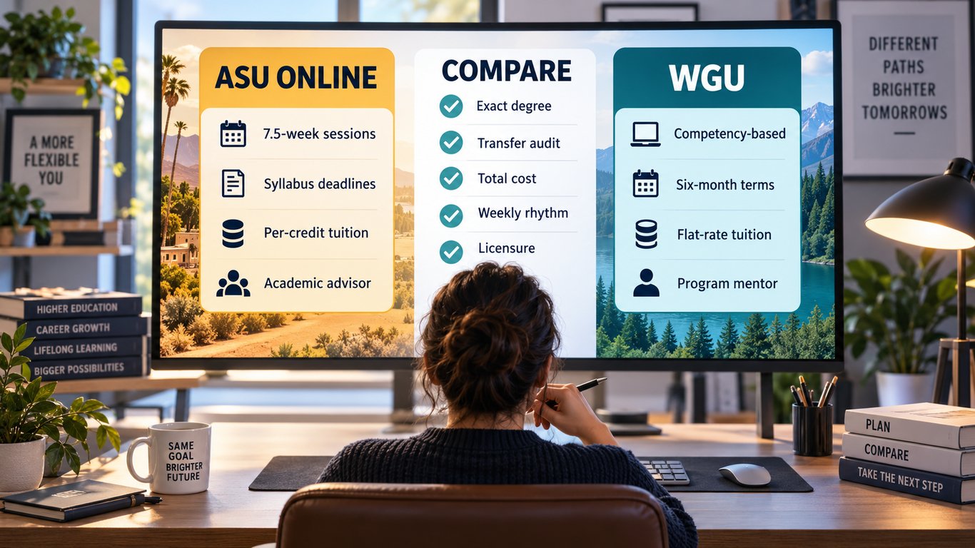Adult learner comparing ASU Online course sessions with WGU competency-based six-month terms, including tuition and support differences