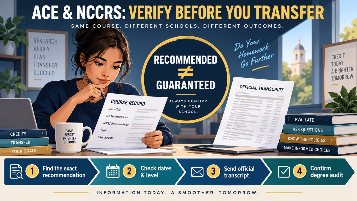 Educational roadmap showing a student verifying ACE and NCCRS credit recommendations, dates, official transcripts, and degree audit requirements before transfer.