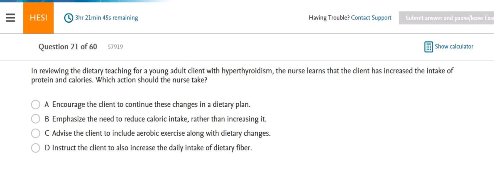 HESI Nutrition Exam sample page