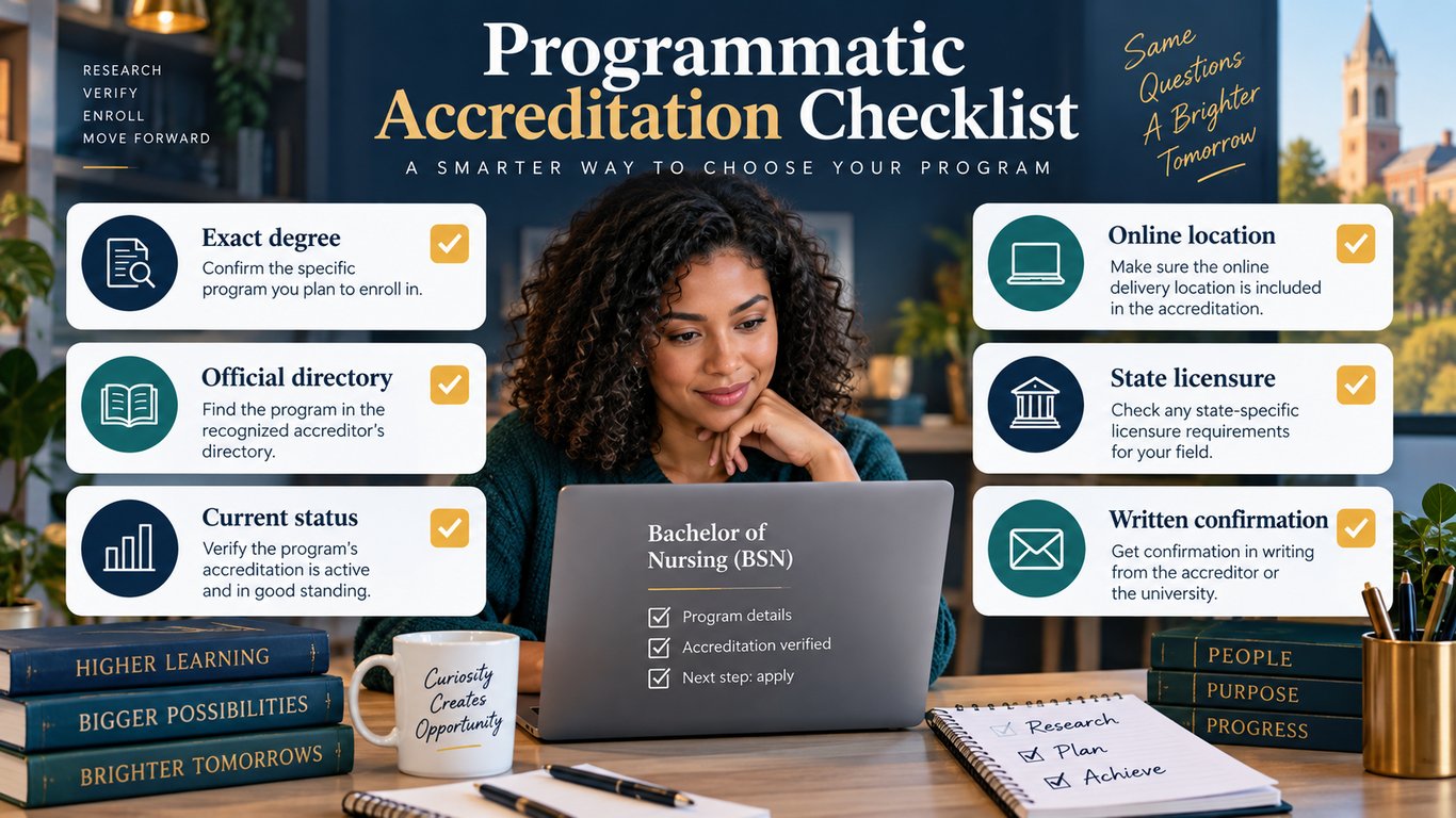 Prospective online student verifying exact program accreditation, online location, current status, state licensure, and written confirmation