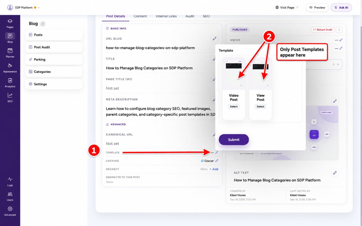 SDP Platform post details with arrows pointing to the Template field and the picker containing only post templates