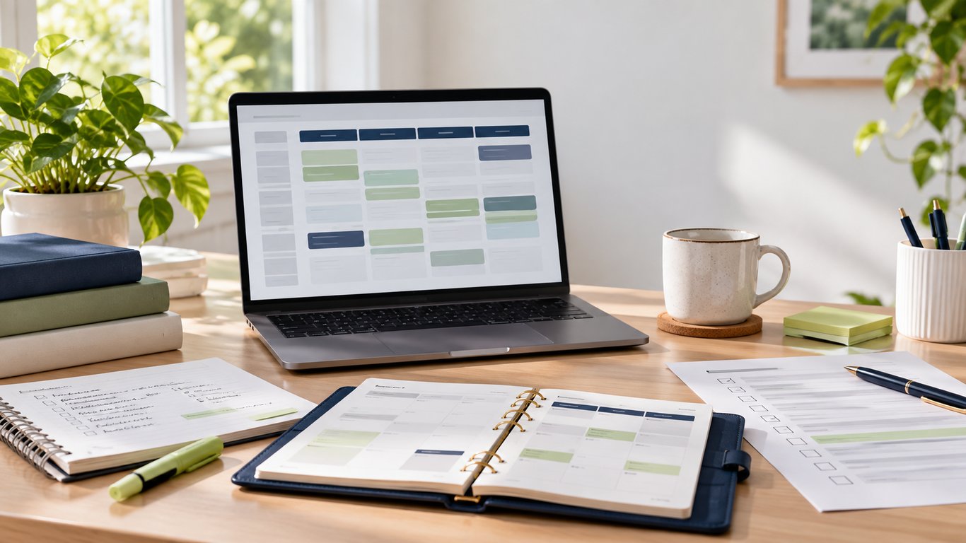 Study desk with a digital course plan, calendar, and transfer-credit checklist