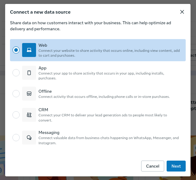 Connect a new data source dialog in Meta Events Manager with Web selected