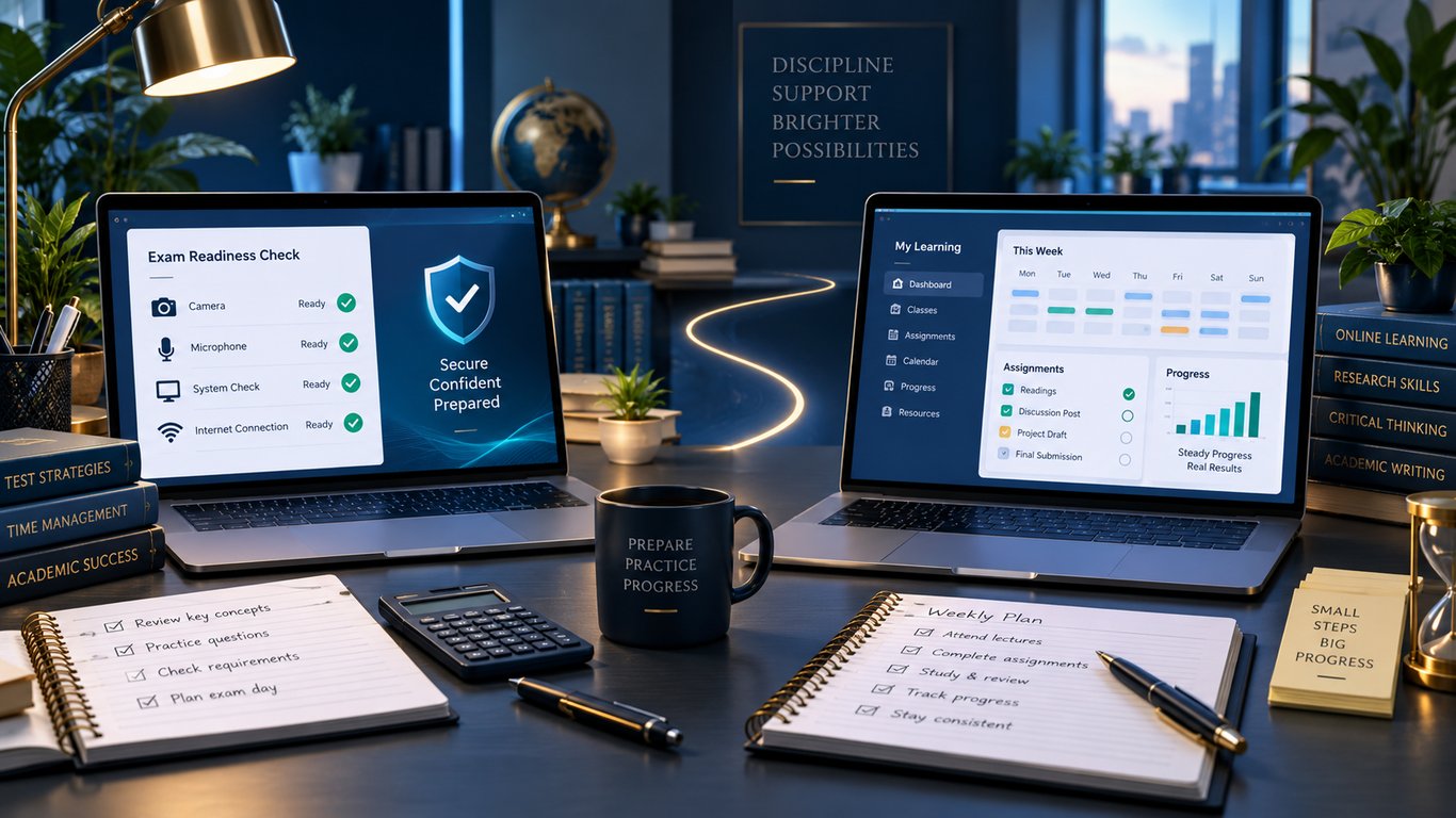 Organized workspace showing proctored exam readiness checks and an online class planning dashboard