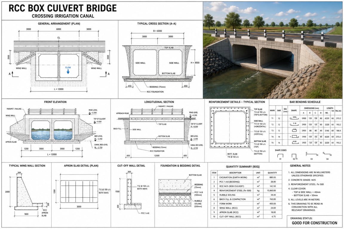 RCC Box Culvert Bridge Drawings And BOQ