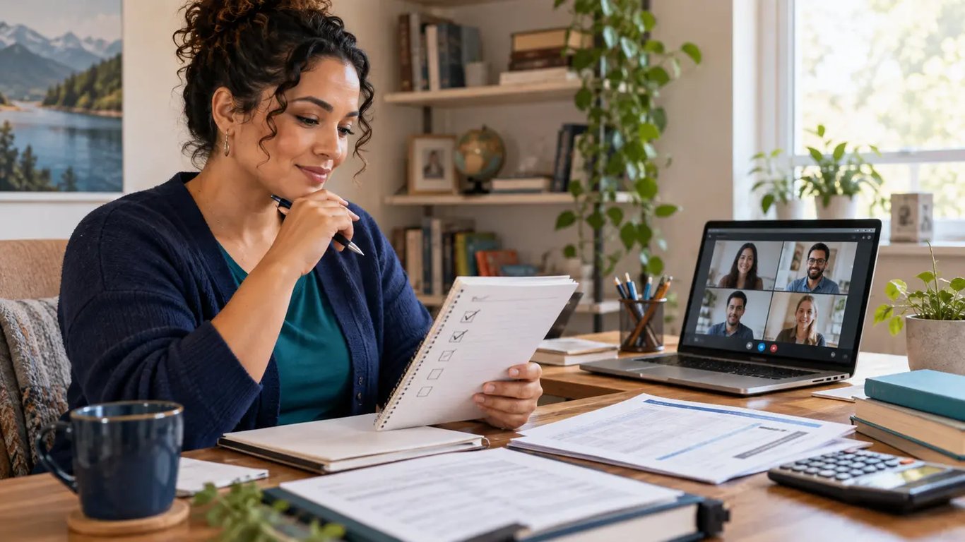 Adult learner preparing transfer-credit questions before an enrollment call