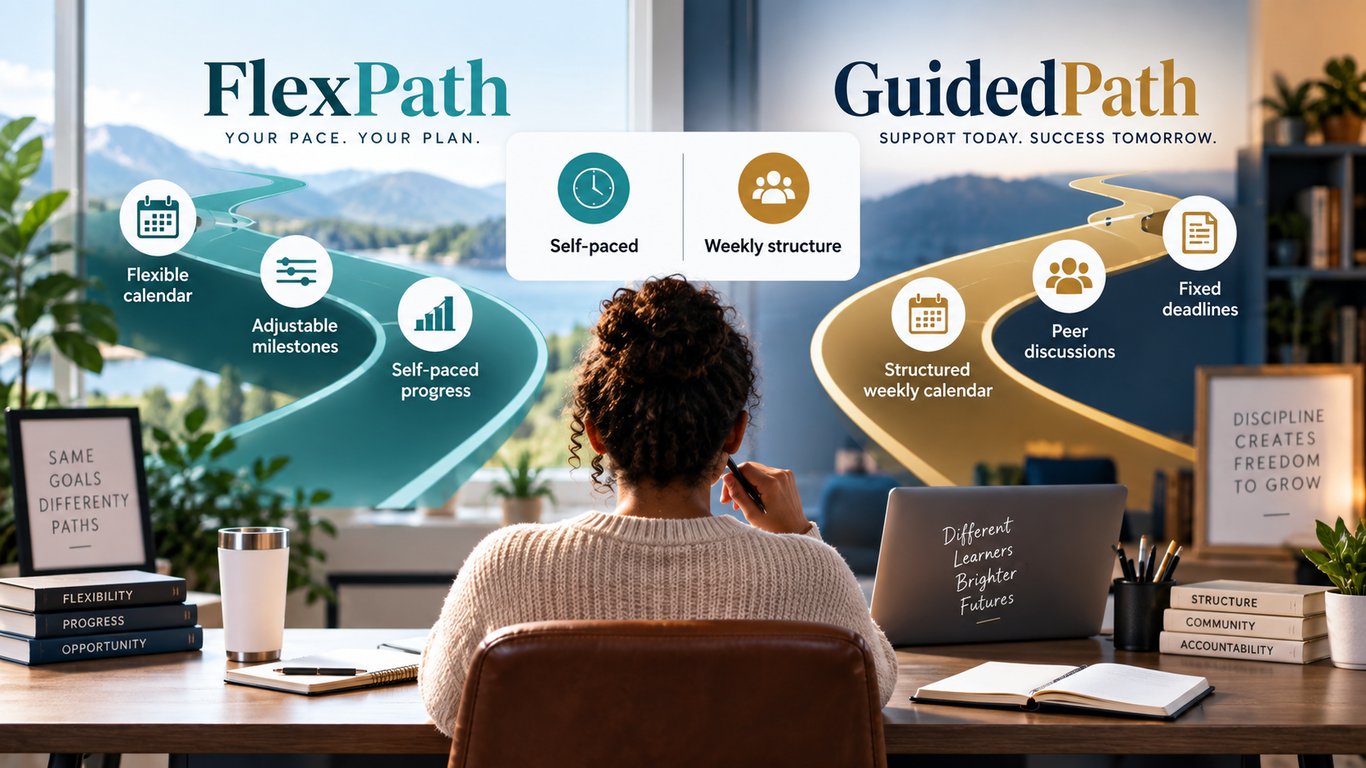 Adult learner comparing Capella FlexPath self-paced study with GuidedPath weekly structure