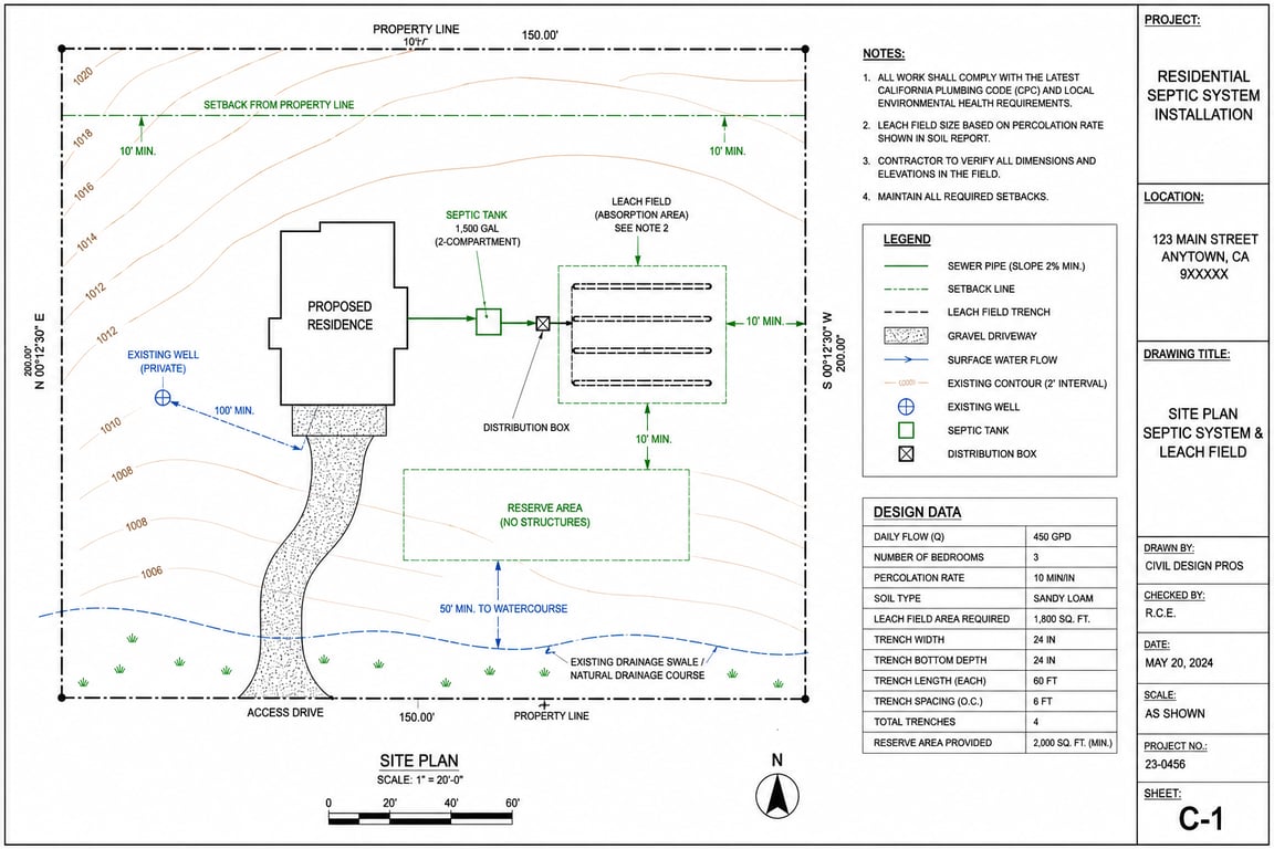California Septic Site Plan And Leach Field Design.
