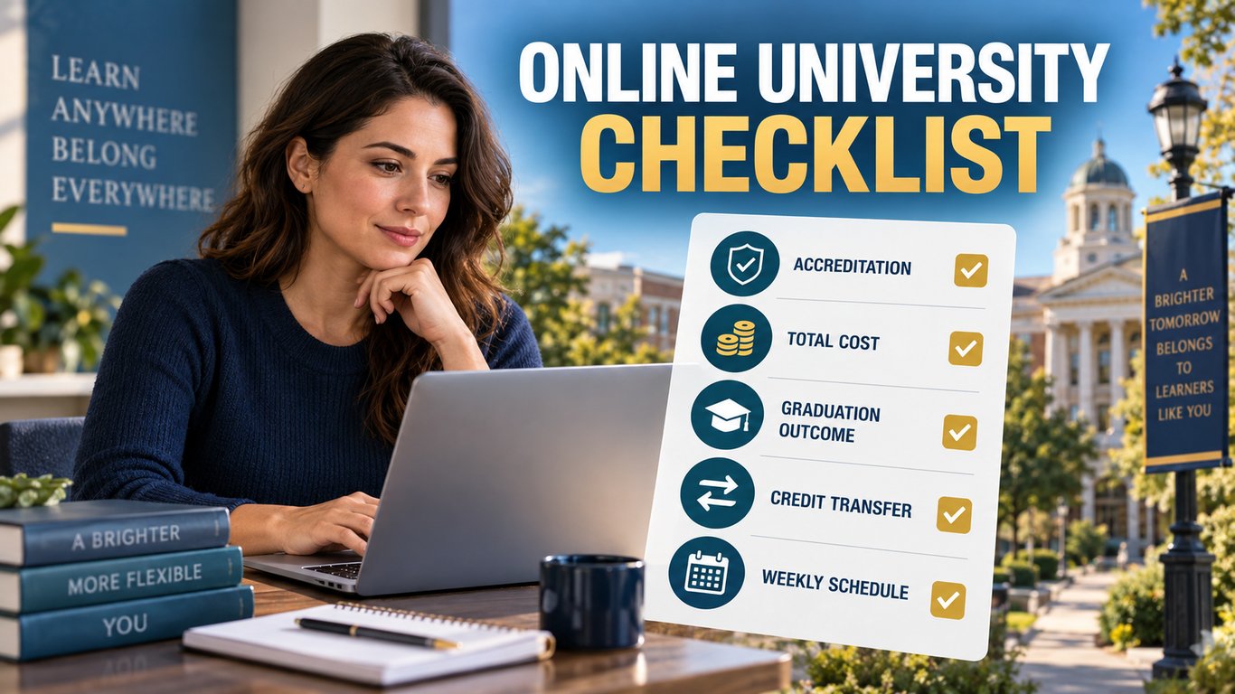 Adult learner reviewing an accredited online university checklist covering cost, outcomes, credit transfer, and schedule