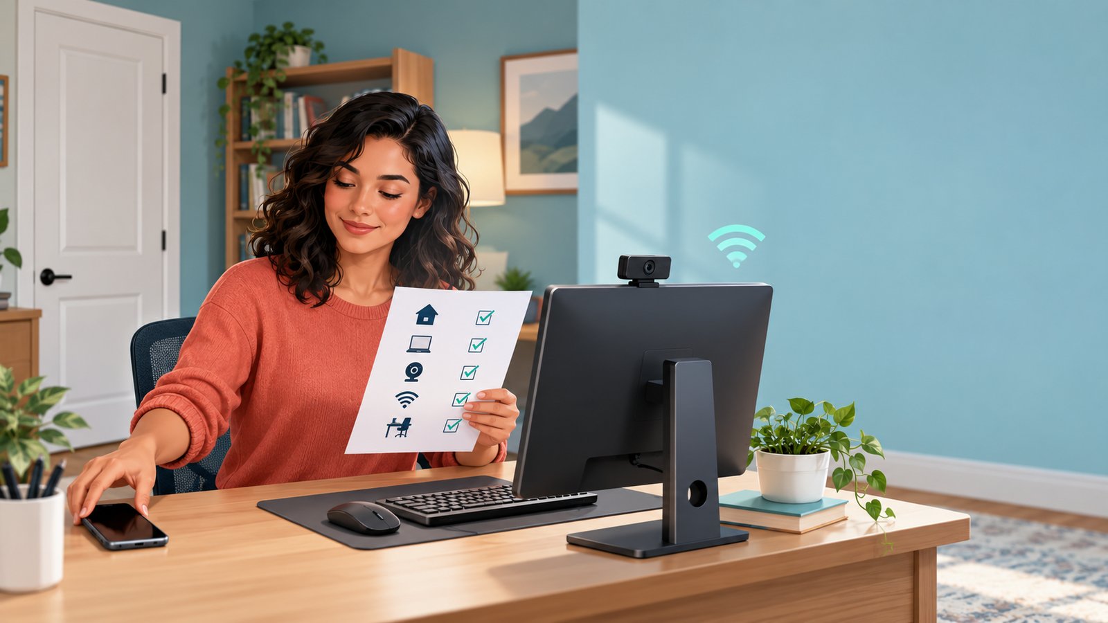 Adult learner preparing a quiet home testing workspace with a computer, webcam, system check, and room checklist