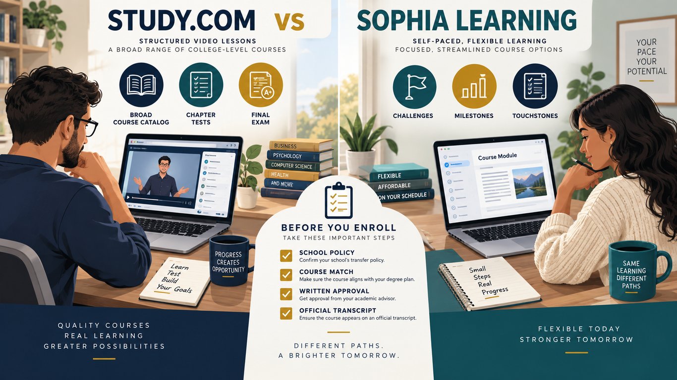 Side-by-side comparison of Study.com and Sophia Learning with course formats, assessments, and a transfer-verification checklist