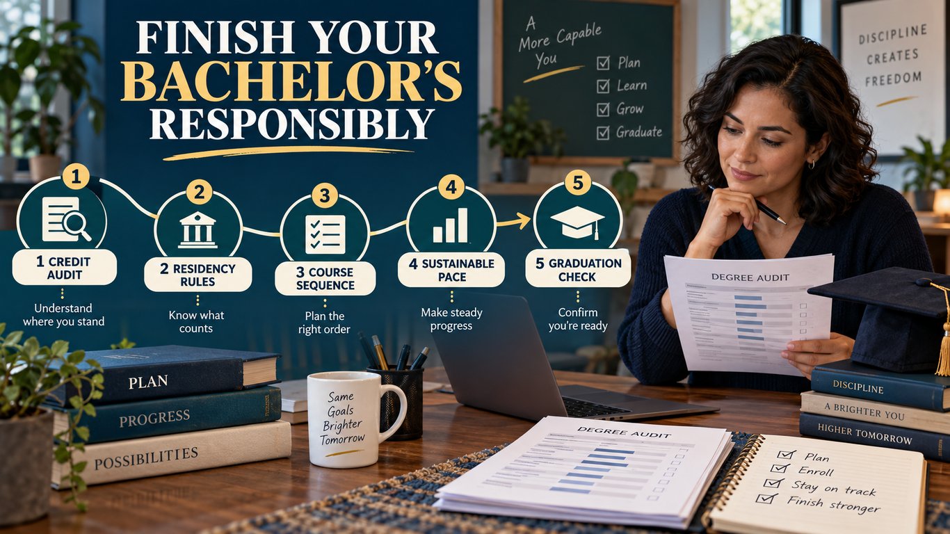 Adult learner reviewing a five-stage online bachelor's degree completion roadmap covering credit audit, residency rules, course sequence, sustainable pace, and graduation checks