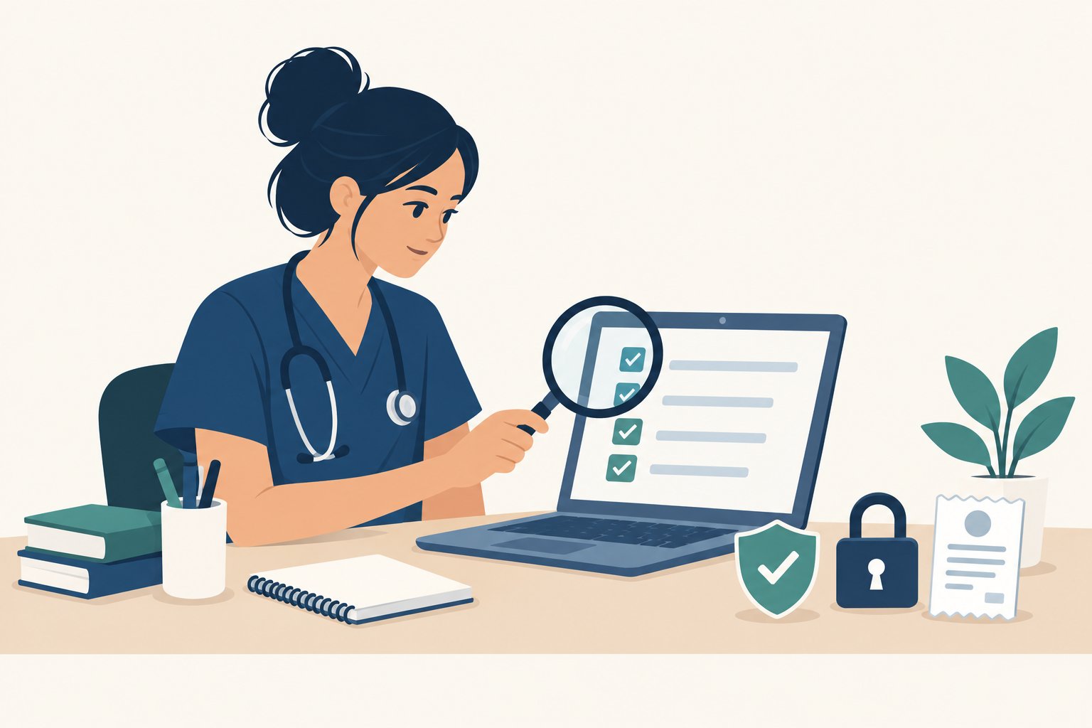 Nursing student reviewing a checklist on a laptop with shield, lock and receipt icons