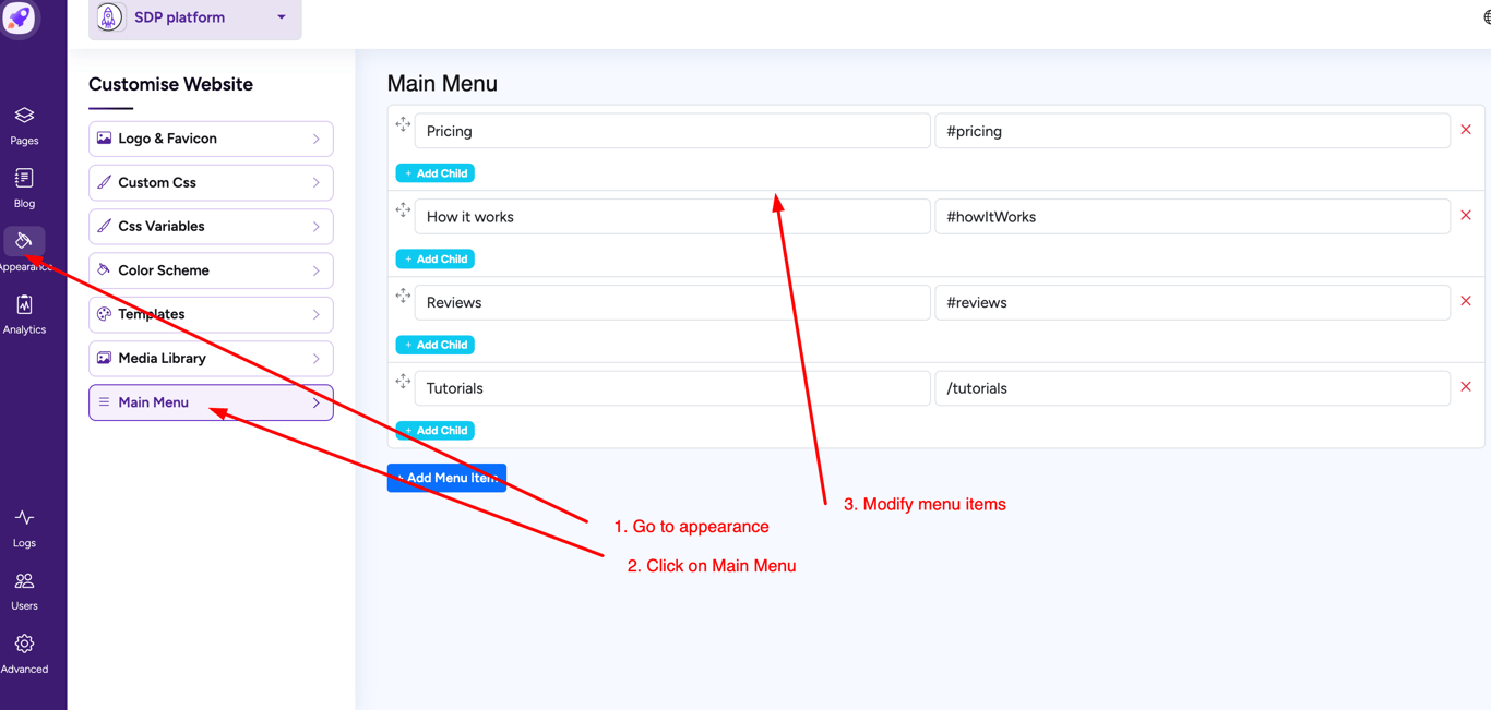 How to Edit the Main Menu on SDP Platform