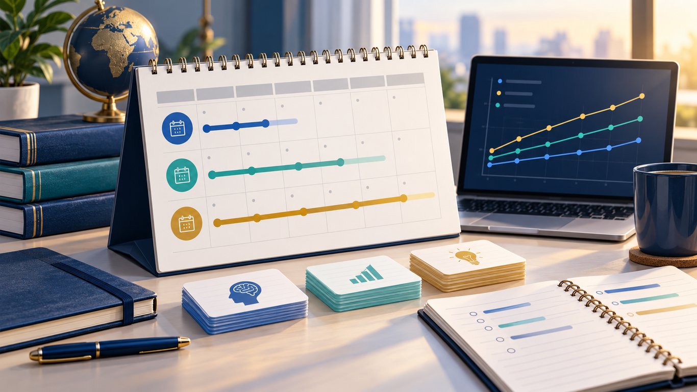 Study calendar, flashcards, and progress chart representing GRE preparation timelines.