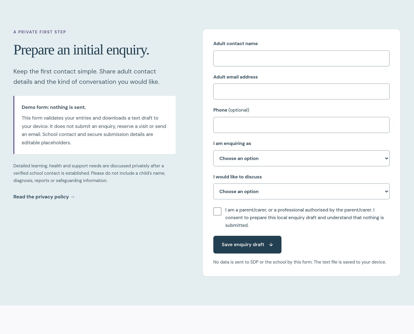 Minimal consent-based visit enquiry draft form component