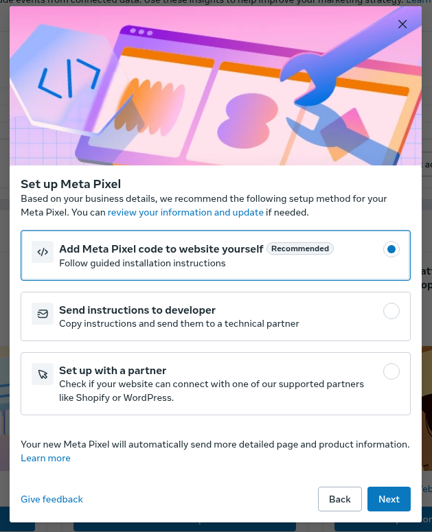 Set up Meta Pixel dialog with Add Meta Pixel code to website yourself selected