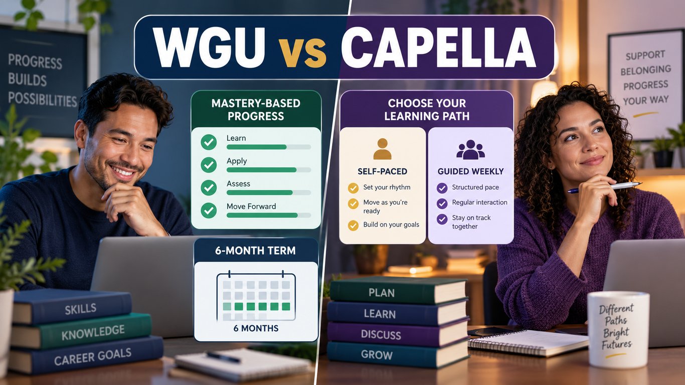Side-by-side visual comparing WGU mastery-based study with Capella self-paced and guided learning paths