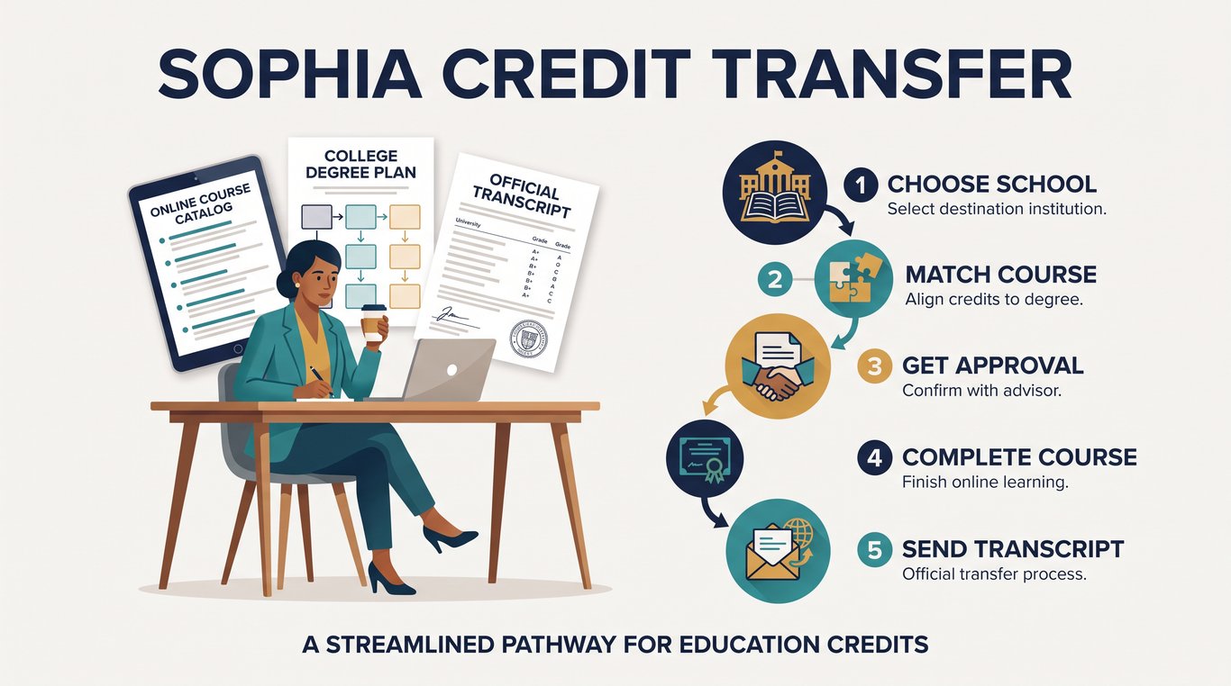 Adult learner comparing a course list, degree plan, and official transcript with a five-step Sophia credit transfer checklist