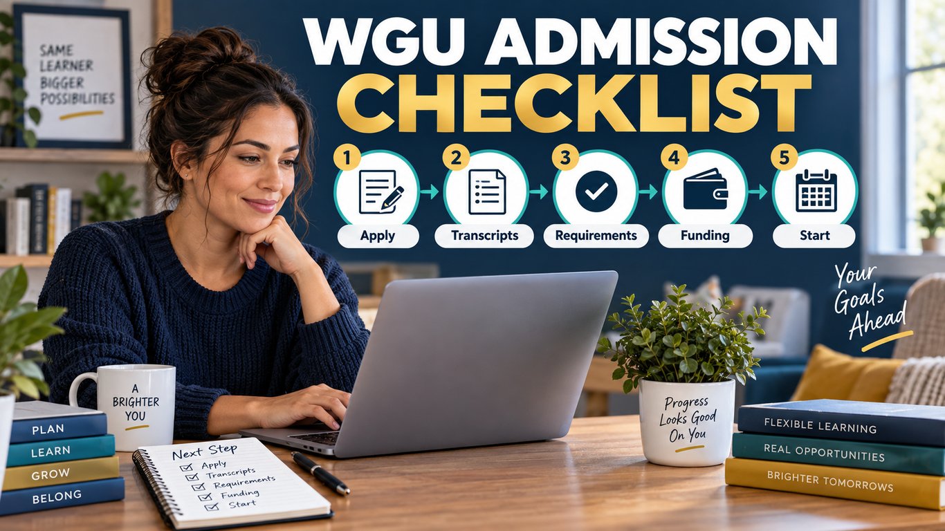 Adult learner following a five-step WGU admission checklist from application and transcripts through funding and start date